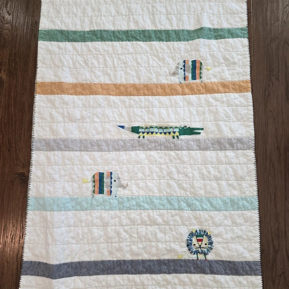 Pottery Barn Kids Colby Animal Baby Quilt Embroidered Alligator  Elephant Lion